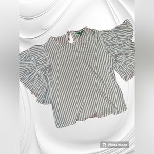 White/Blue Stripped Ruffle Sleeve Top